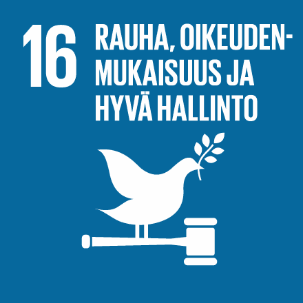 Edistää rauhanomaisia yhteiskuntia ja taata kaikille pääsy oikeuspalveluiden pariin. Rakentaa tehokkaita ja vastuullisia instituutioita kaikilla tasoilla. ISS panostaa toimintansa vastuullisuuteen ja läpinäkyvyyteen sekä ehkäisee systemaattisesti korruptiota ja harmaata taloutta. Työn tarjoaminen eri väestöryhmille vahvistaa yhteiskunnallista osallisuutta ja lisää yhteiskuntarauhaa.